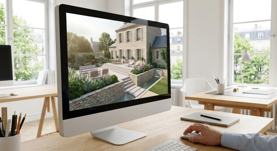 Gros plan d'un écran d'ordinateur montrant un plan paysager en vue 3D profesionnelle coloré et détaillé d'un jardin avec maison, terrasse, plantations et éléments paysagers, avec la main d'un professionnel utilisant une souris à côté, dans un environnement de bureau clair et moderne.